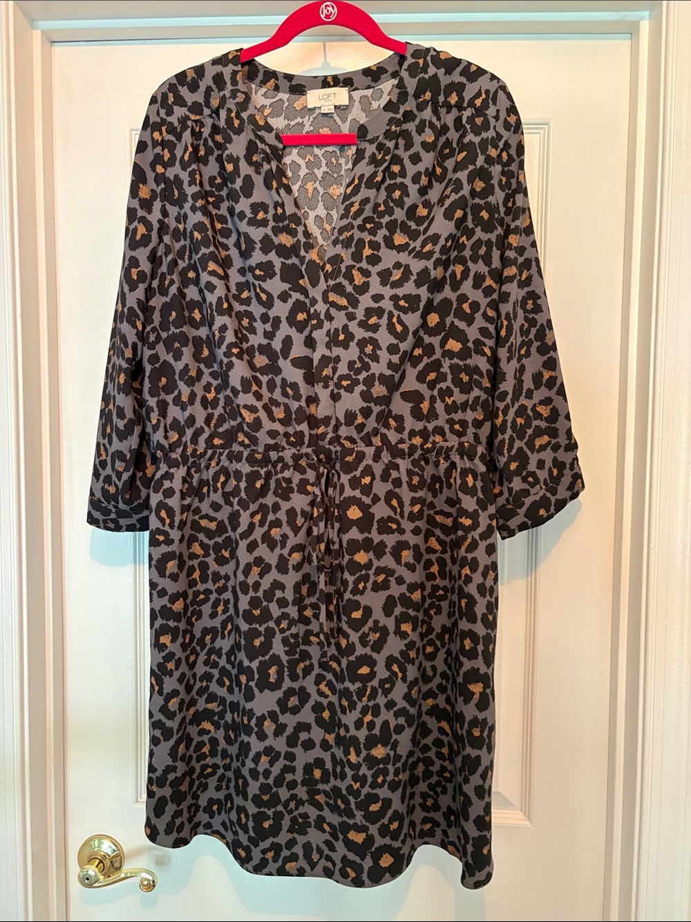 LOFT Gray Leopard Print Drawstring Waist Dress